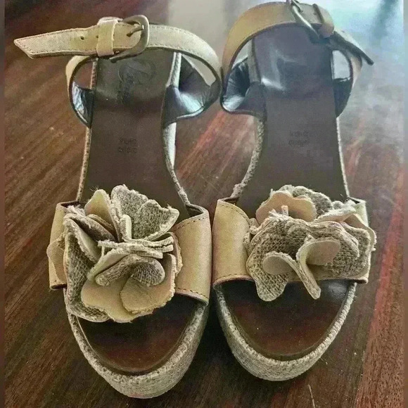 Bata Tan Leather Ankle Strap Linen covered Platform Wedge Sandal Size EU 36 US 6 - Picture 2 of 9